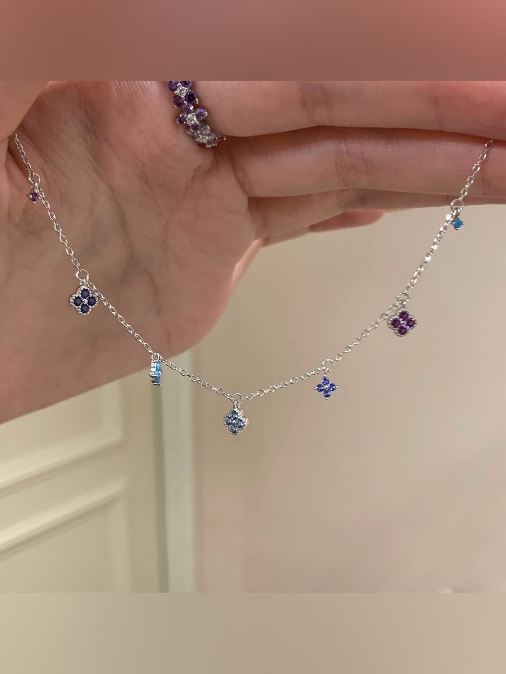 925 Sterling Silver Multi-Color Flower Charm Necklace - Purple & Blue